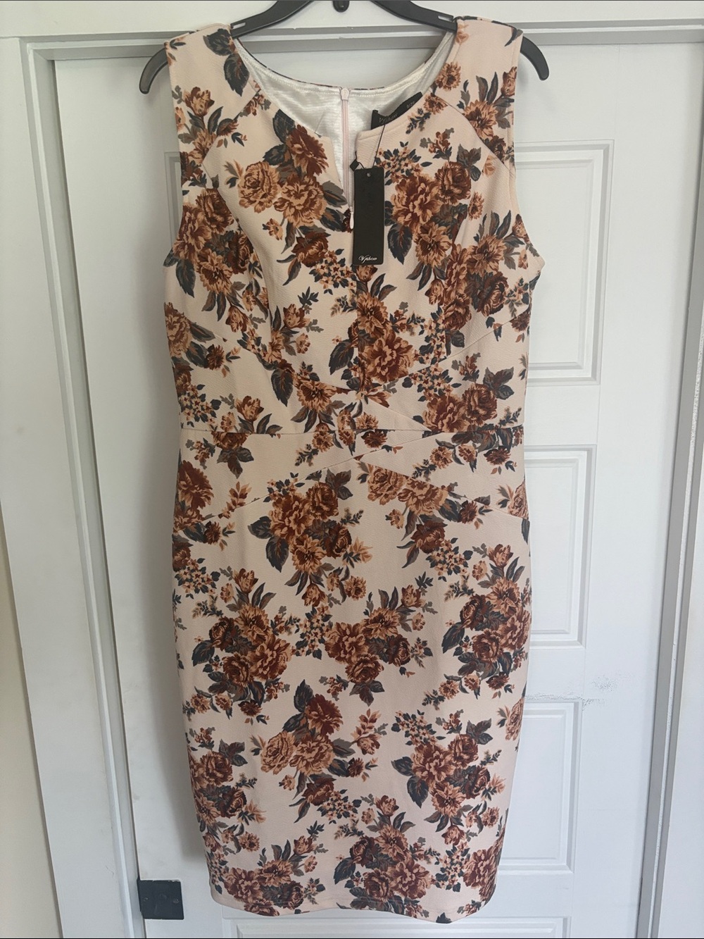 Sleeveless Beige Floral Sheath Dress with Brown Rose Print